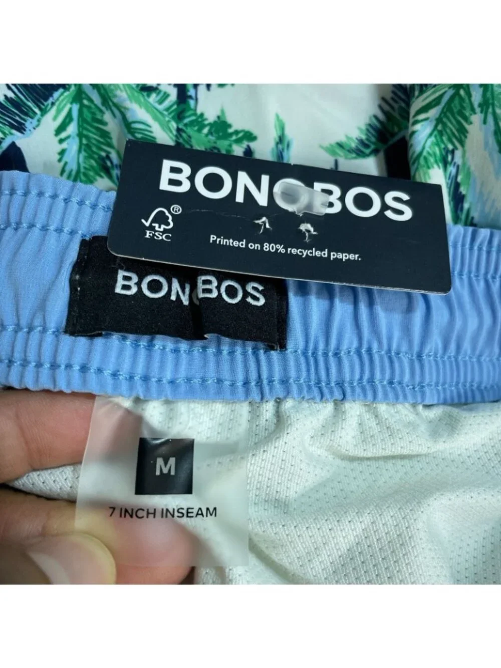 NWT Bonobos Men's M Green 7-Inch Inseam Swim Shorts Palm Tree Print Mesh Liner